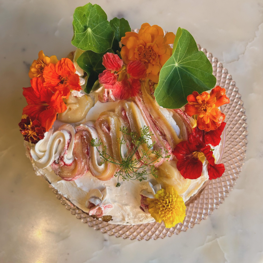 Banana Velvet Cake with Signature Vinegar Pastry Cream, Blueberries, and Red Wine SMBC.